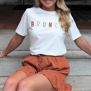NWOT Chic Cream Colored Tee with Colorful 'BRUNCH' Embroidered Design-Size Small